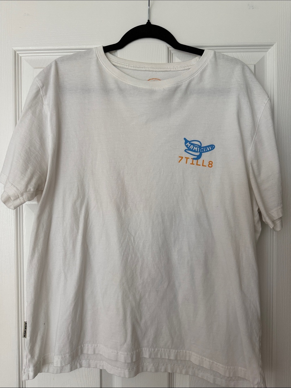 Men’s Mami Wata White Graphic Tee with Blue & Orange Chest Logo - L
